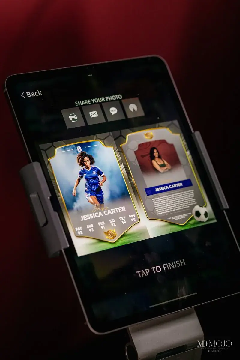 The booth tablet showing a finished trading card and the sharing options for print, email and text