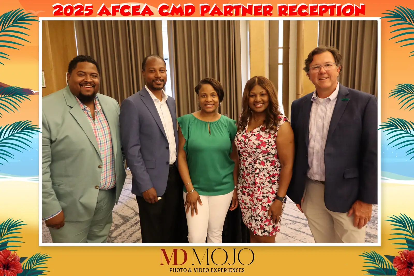 Five guests photographed in the MD Mojo booth at the 2025 AFCEA Central Maryland partner reception, before any AI effect is applied