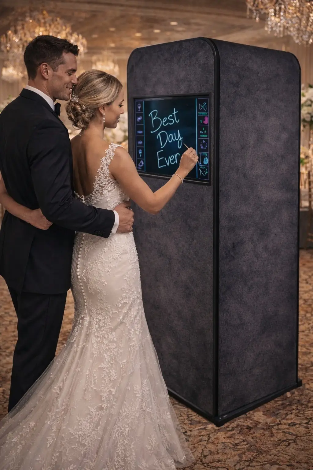 A bride writing "Best Day Ever" on the glass panel of the Scribble Booth at a wedding reception