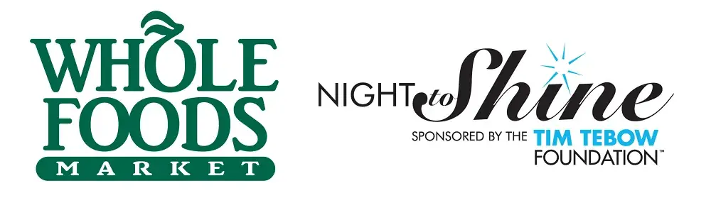 Logos of Whole Foods Market and Night to Shine, sponsored by the Tim Tebow Foundation