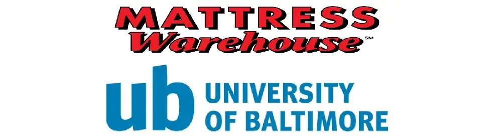 Logos of Mattress Warehouse and the University of Baltimore