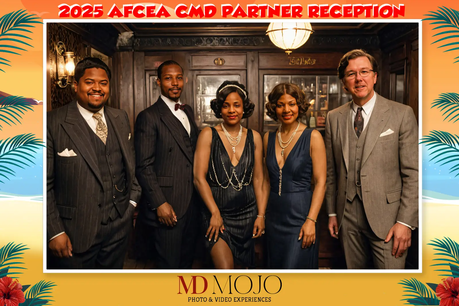 The same five guests restyled by the AI photo booth as 1920s speakeasy portraits, in period suits and beaded gowns