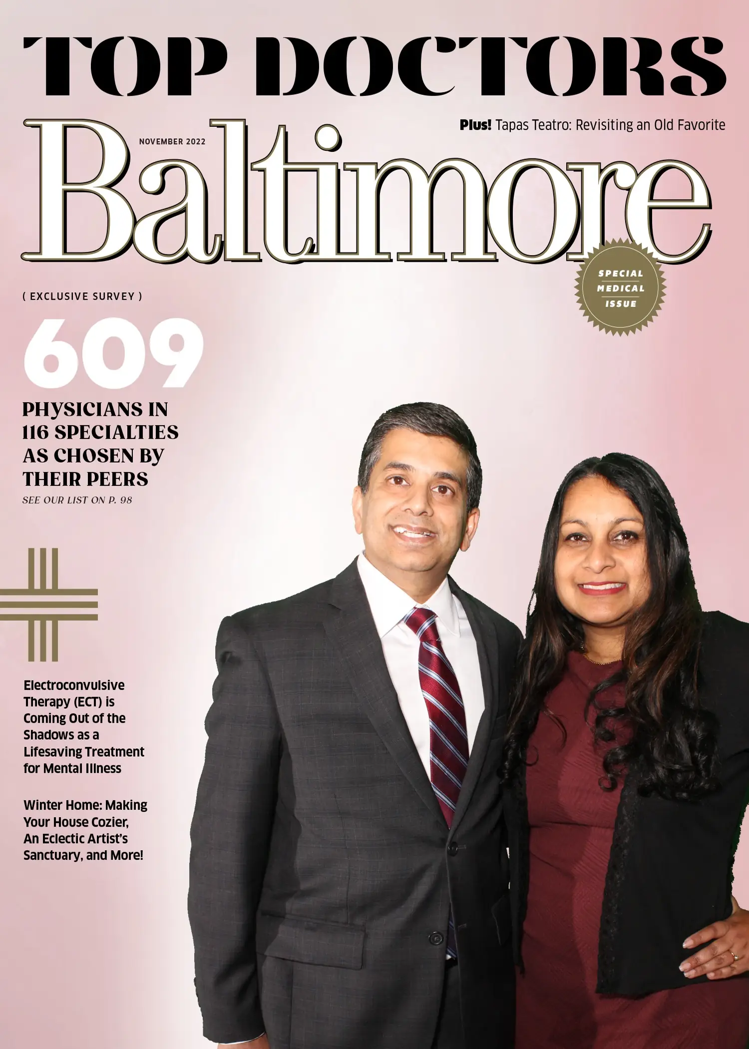 A couple in formalwear on a Top Doctors cover print produced at a Baltimore Magazine event
