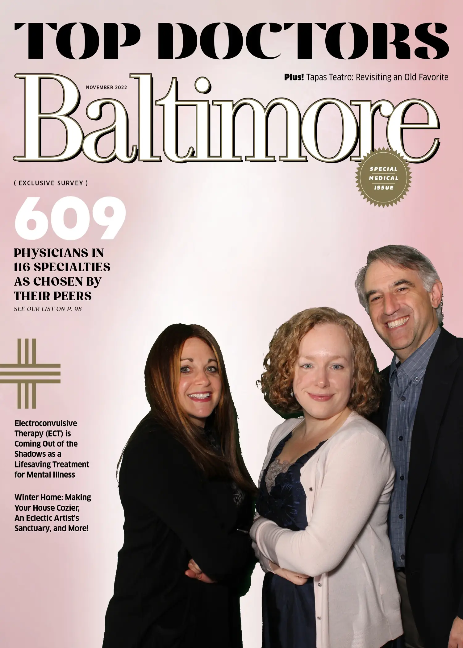 Three guests posing together on a Top Doctors cover print produced at a Baltimore Magazine event