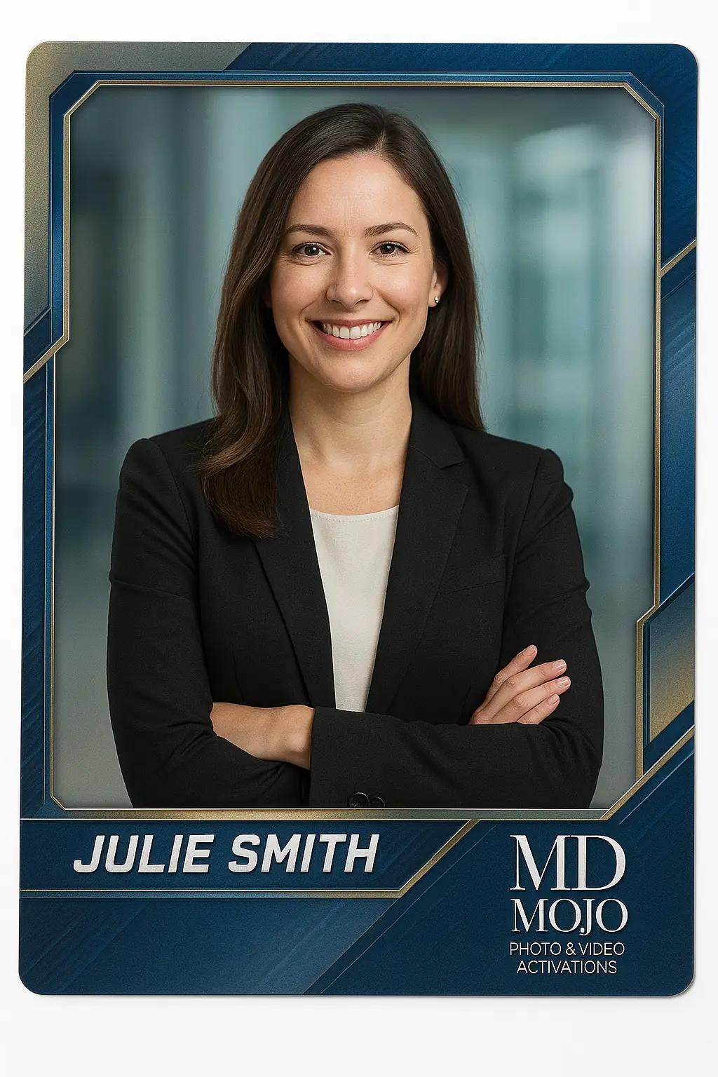 A corporate-style trading card design: a business headshot in a navy and gold frame with a name plate and MD Mojo branding along the base